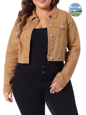 Plus Size Cropped Button Denim Jacket Long Sleeve Regular Fit